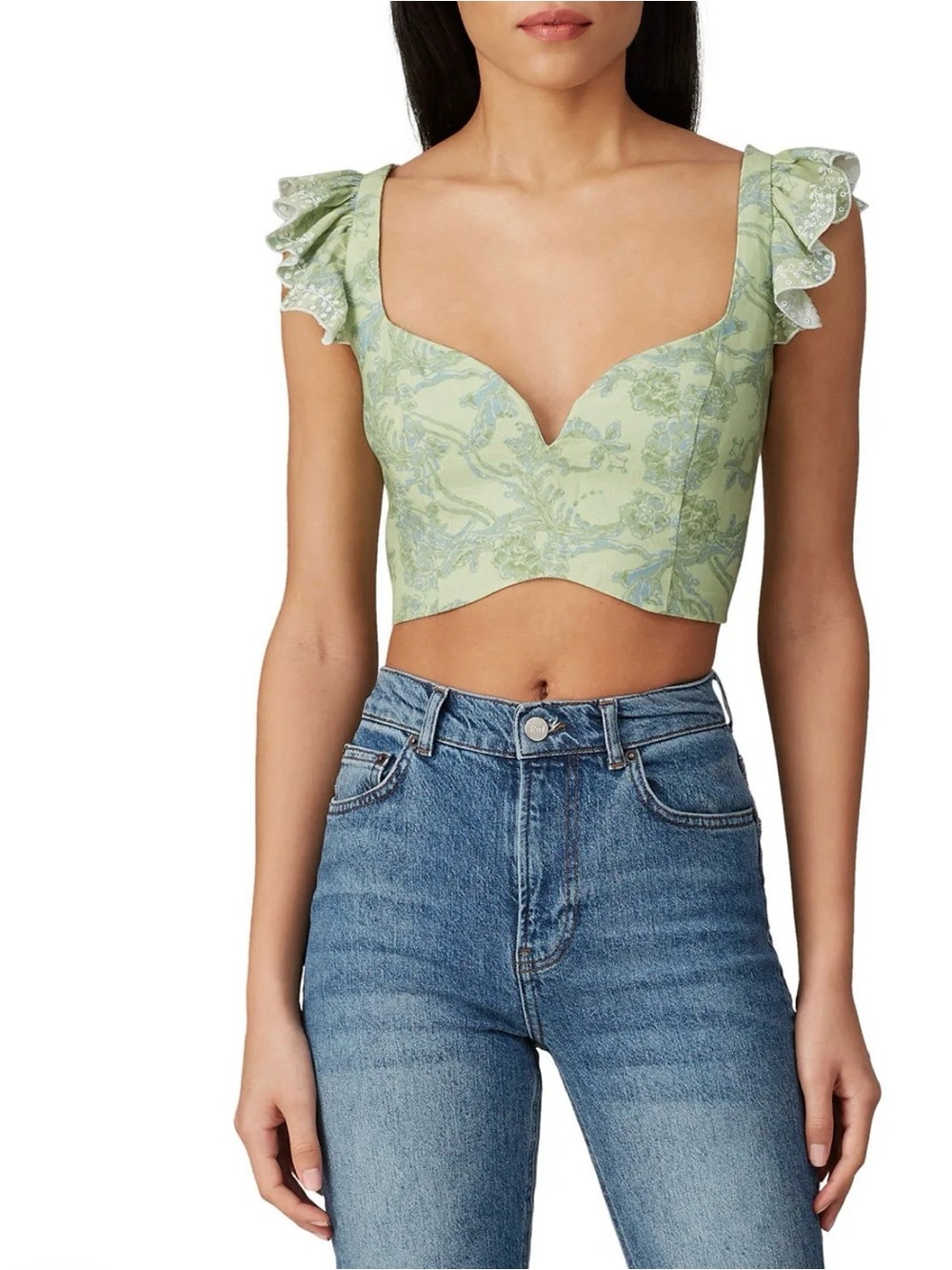 AMUR Pistachio Floral Ruffle Crop Rafaela Top
